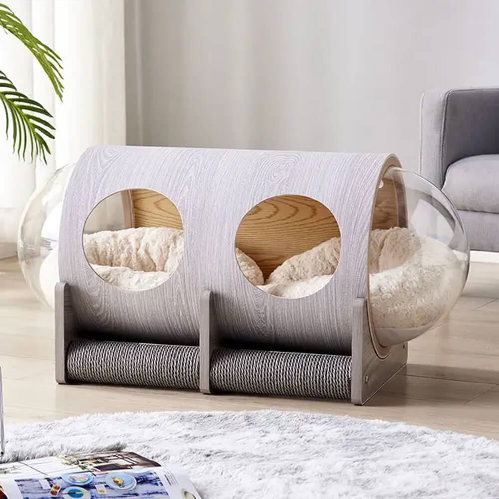 Contemporary French bulldog bed in capsule shape, placed in living room