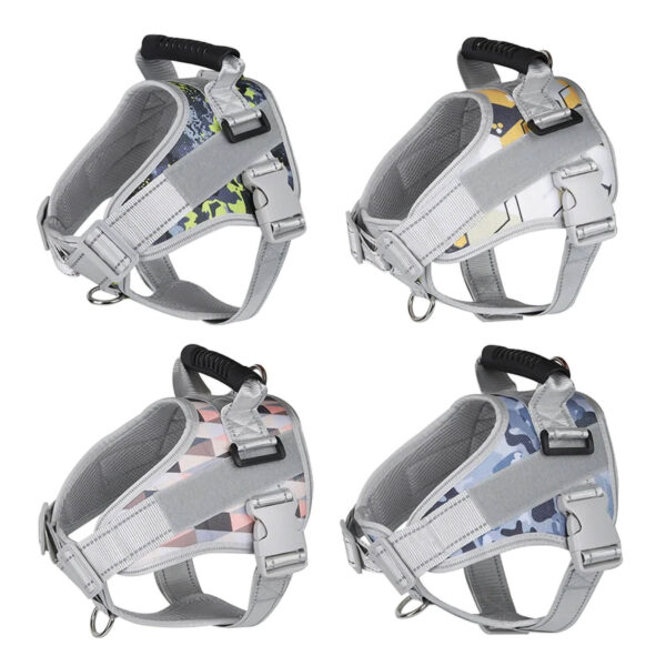 Collage of 4 photos showing 4 colors of the French Bulldog Harness With Handle against white background