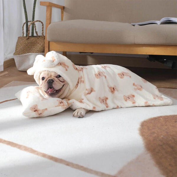 Cream French Bulldog lying while wearing his bear pattern white hooded blanket