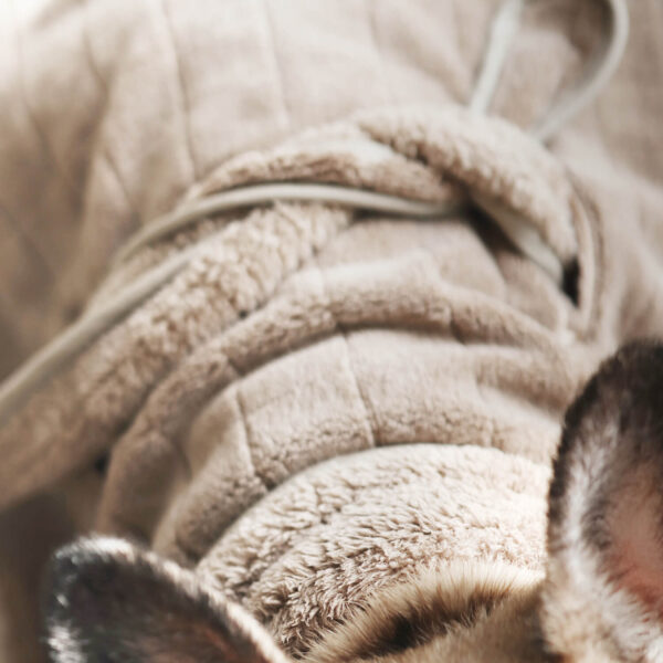 Close up shot of brown Hug-a-Bulldog Cozy Towel Robe