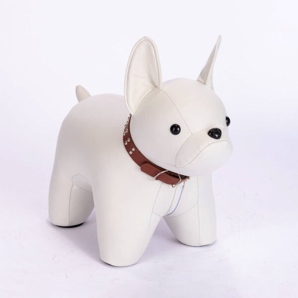 Half side shot of white colored French Bulldog shaped stool, against white background.