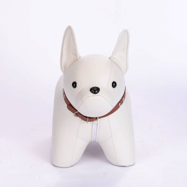 Front shot of white colored French Bulldog shaped stool, against white background.
