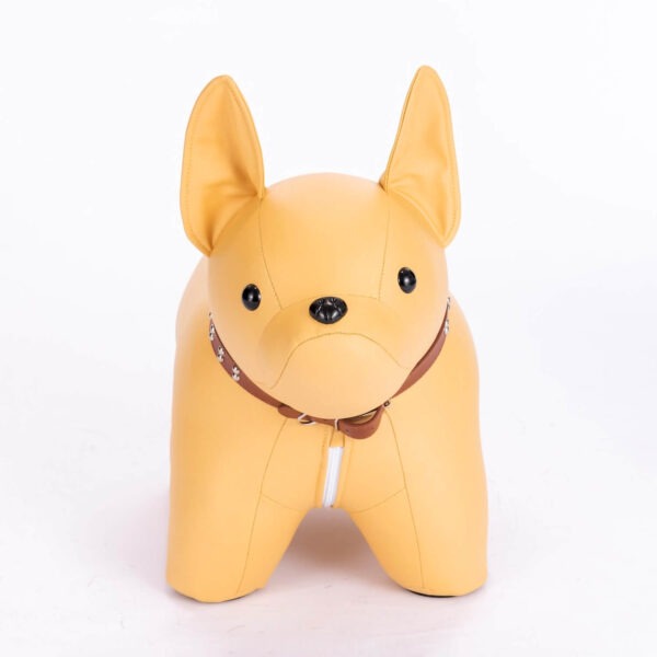 Front shot of yellow colored French Bulldog shaped stool, against white background.