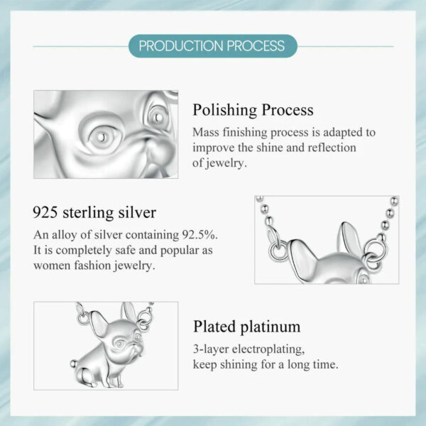 Production process of the Silver French Bulldog Charm Necklace explained in 3 thumbnails photos
