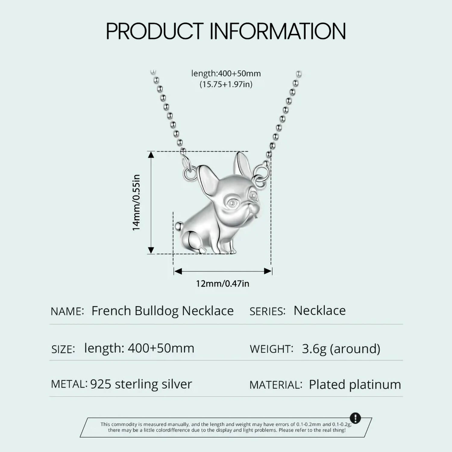 Size info of the Silver French Bulldog Charm Necklace