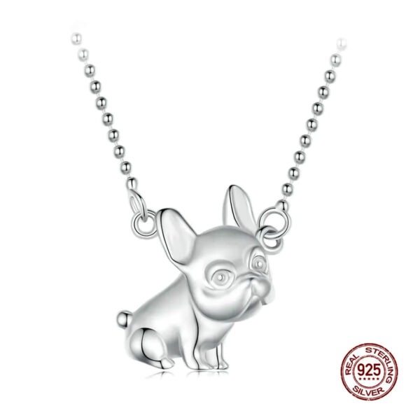 Silver French Bulldog Charm Necklace against the white background with "real sterling silver" red stamp