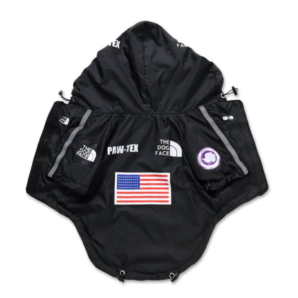 Flat lay photo of black Designer Hooded French Bulldog Windbreaker on white background