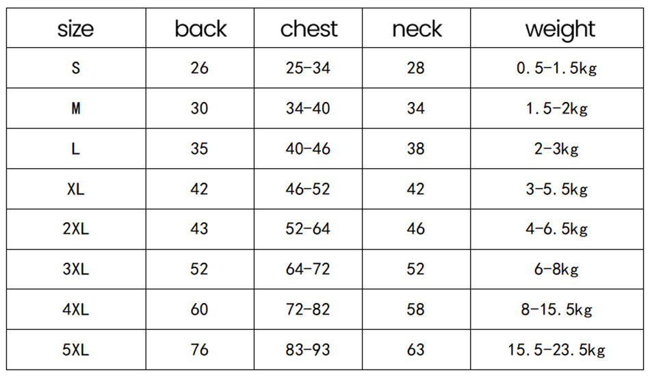Designer Hooded French Bulldog Windbreaker Size Chart
