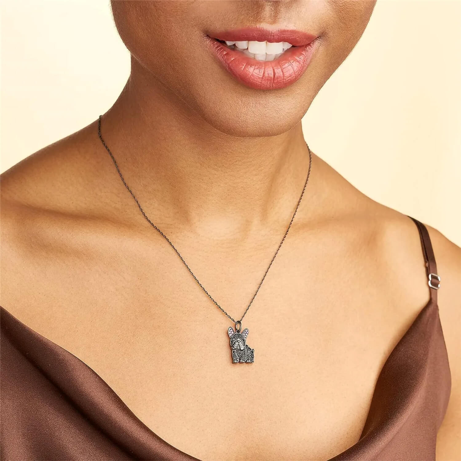 Portrait of woman wearing Enchanted Black French Bulldog Sparkle Pendant with necklace