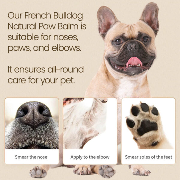French Bulldog Natural Paw Balm shown in thumbnails with cream French bulldog in background