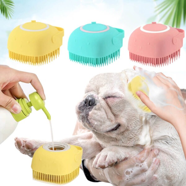 3 pieces in 3 colors of the French Bulldog Soft Bath Brush and French Bulldog bathing