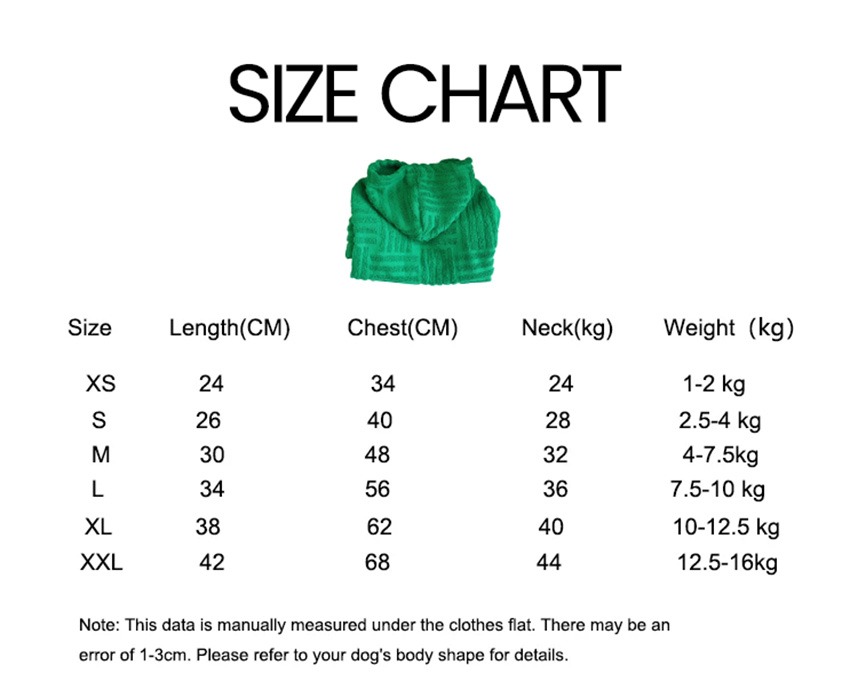 Green French Bulldog Terry Hoodie Size Chart