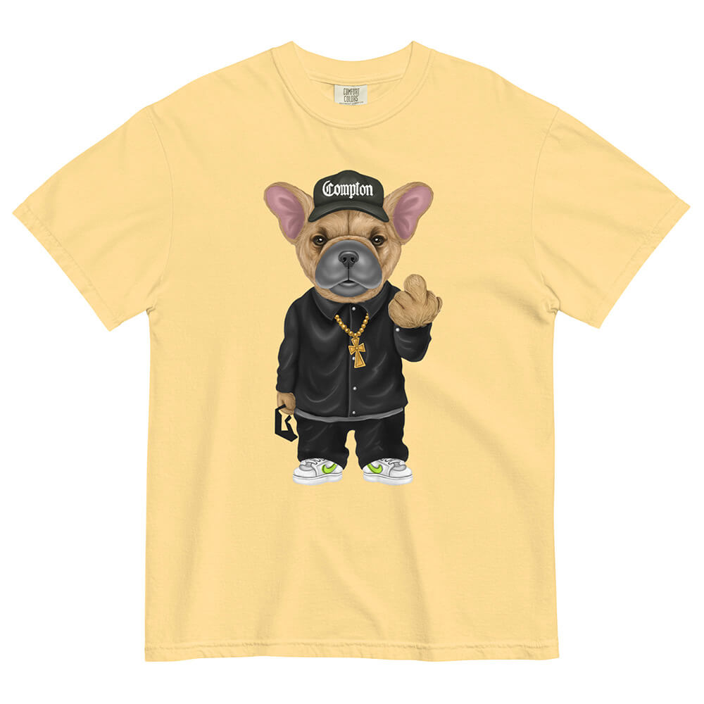 Flat lay photo of the yellow "Not Your Average Pup T-shirt" against white background