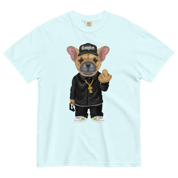 Flat lay photo of the sky blue "Not Your Average Pup T-shirt" against white background
