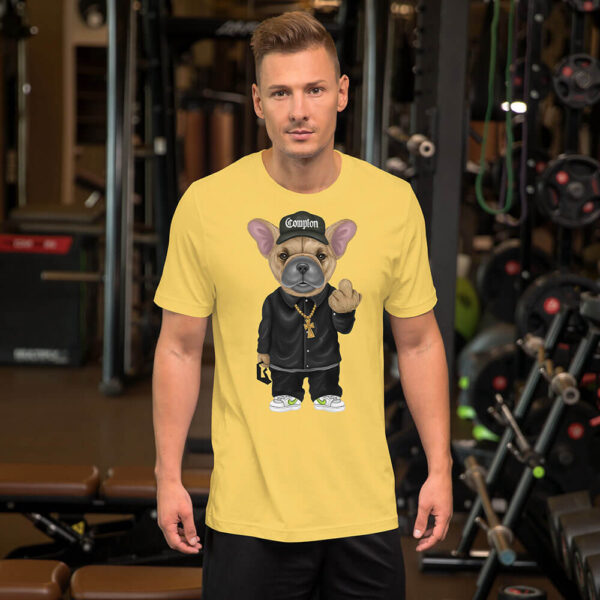 Male model wearing yellow "Not Your Average Pup T-shirt"