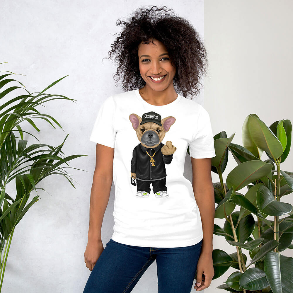 Female mode wearing white "Not Your Average Pup T-shirt"