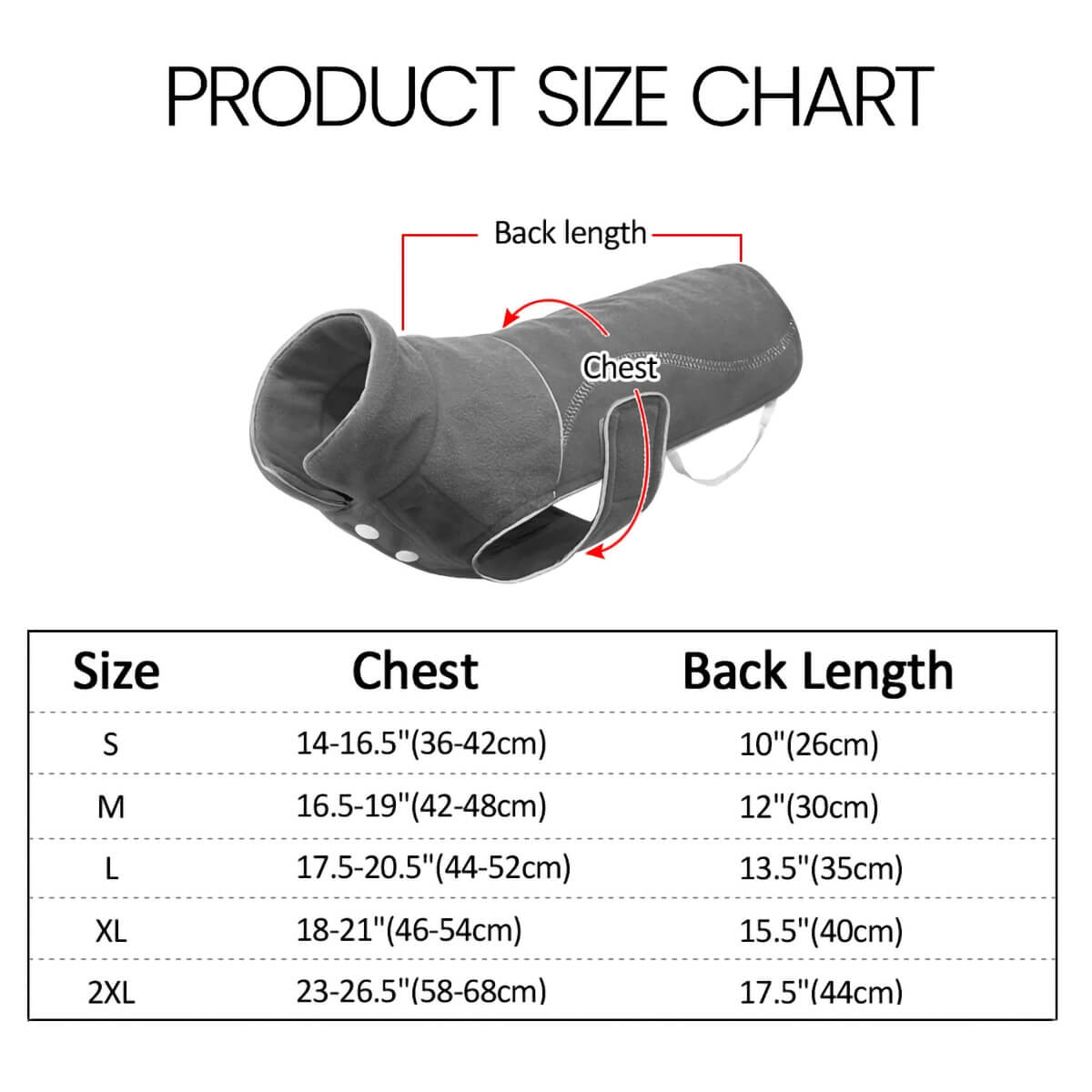 Size chart of the Therapeutic Calming Vest for French Bulldogs