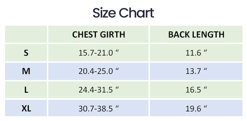 Size chart of the Frenchie Shark Life Jacket