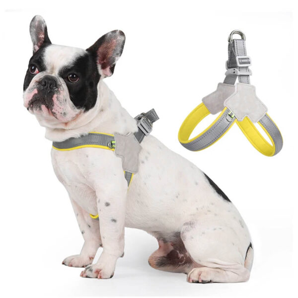 Yellow No-Pull Reflective Frenchie Harness on French Bulldog