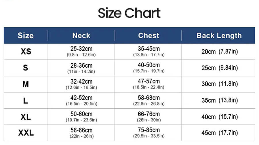 Clownfish Frenchie Swim Vest size chart