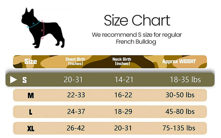 French Bulldog Tactical Harness size chart