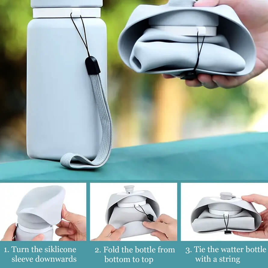 Thumbnails explaining features of the Frenchie Folding Water Bottle