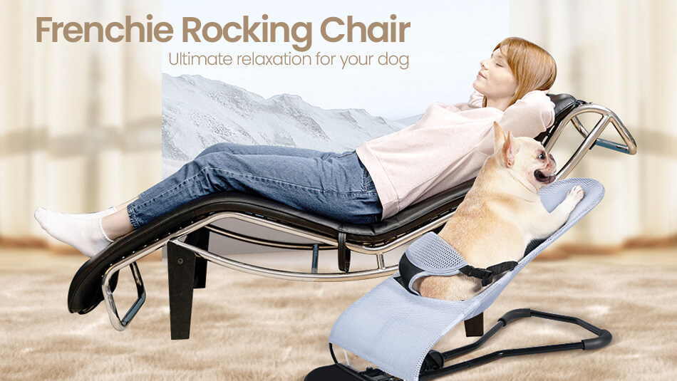 Woman and a cream French bulldog relaxing in their rocking chairs
